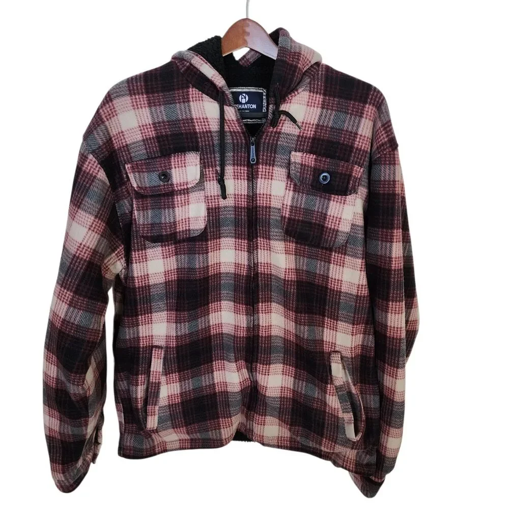 Leehanton Plaid Hooded Flannel Jacket Zip Up Sherpa Lined Red Black Men's 2XL